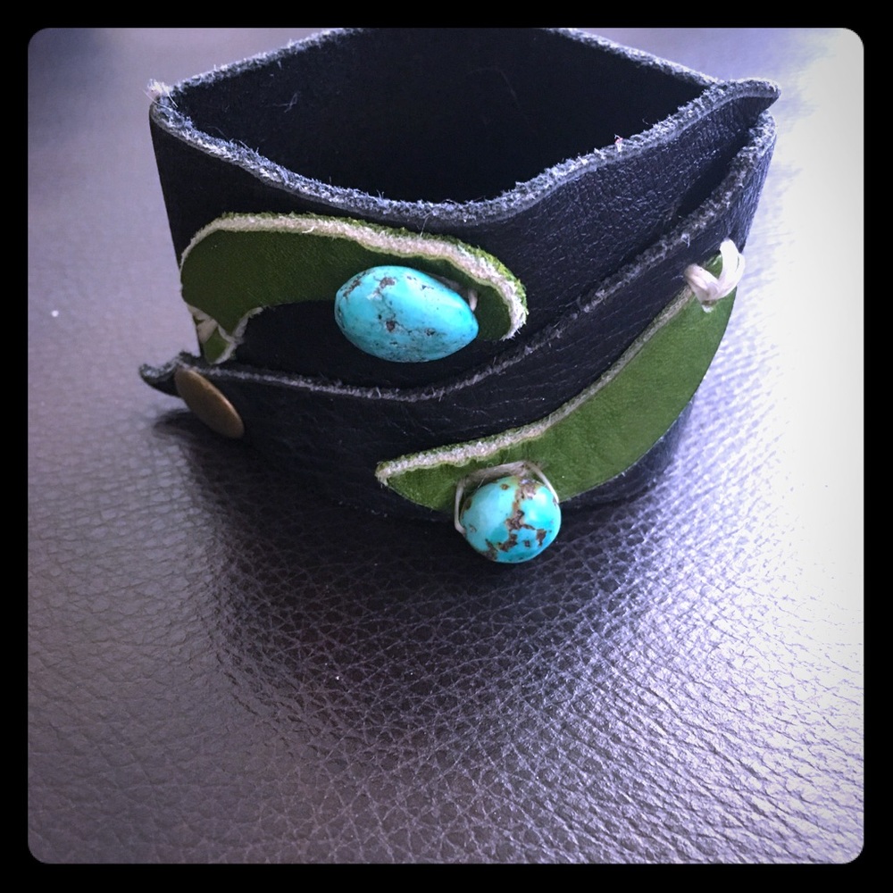 Black leather Turquoise cuff with w/ green accents - Picture 2 of 5